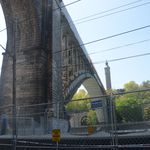 Steel span of the High Bridge as seen from the office trailers on the Bronx side<br/>